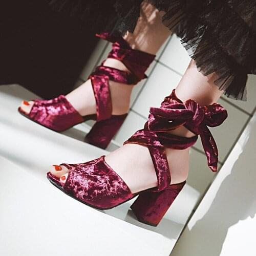 PXELENA Rome Gladiator Sandals Chunky Block High Heels Women Shoes Velvet Strappy Cross-tied Party Date Sandals Punk Rock 34-43