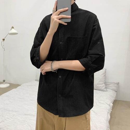 Summer Retro Stand-up Collar Short-sleeved Shirt Lovers Loose Simple Solid Color Three-quarter Sleeve Casual Top Streetwear Men