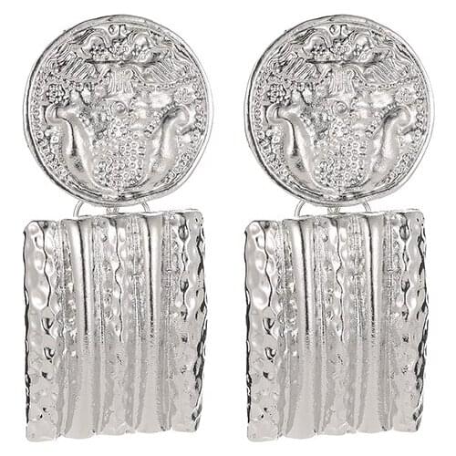 Geometric Exaggerated Badge Three-dimensional Pattern Golden White Rose Gold Alloy Dangle Drop Earrings For Women