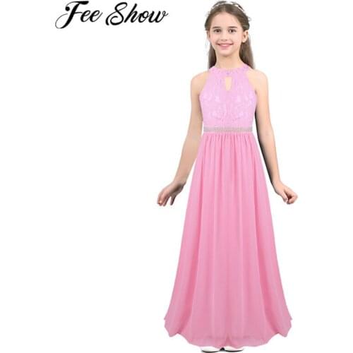 Girls Chiffon Lace Sleeveless Halter Beaded Waist Flower Girl Dress Princess Pageant Wedding Bridesmaid Birthday Party Dress