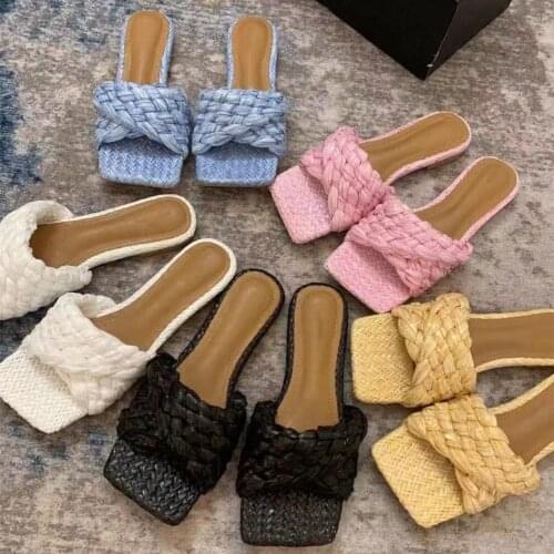2021 Cross Woven Brand High Heels Mules Slippers Women Braid Designer Slides Summer Party Shoes Ladies Zapatos Mujer