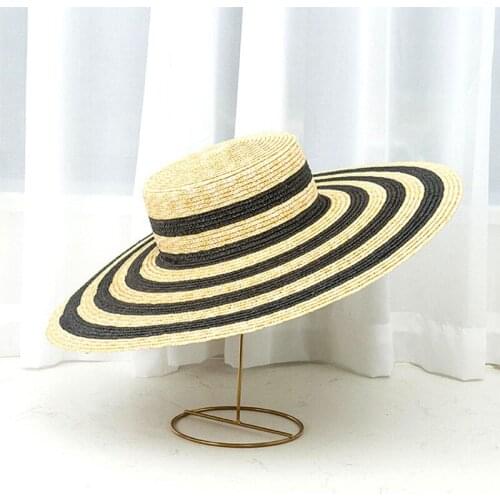 Womens Summer Hat Black White Stitching Stripes Sun Protection Cap Female Flat Top Wide Brim Hat Beach Hat Straw Hat Sun Hats