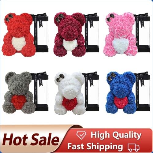 In Stock 25CM Rose Flower Bear Artificial Flower Women Valentines Day Gifts With Transparent Box