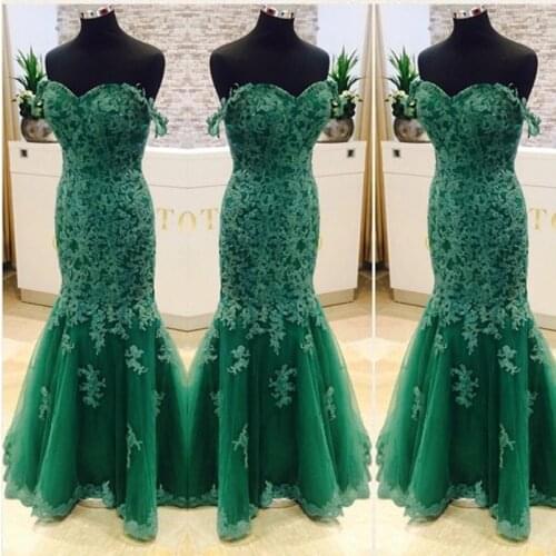 Green Lace Appliques Prom Dresses Mermaid Long 2021 Off Shoulder Formal Evening Dress Lace-up Back Robe De Soiree