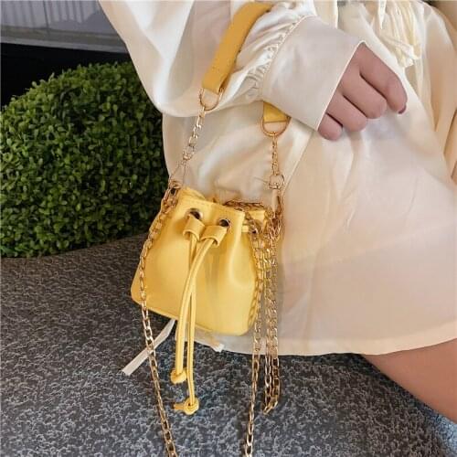 Women 2020 PU Drawstring Small Bucket Bag Fashion Metal Chain Shoulder Messenger Bags Ladies Tote Crossbody Bags Bolsa Feminina
