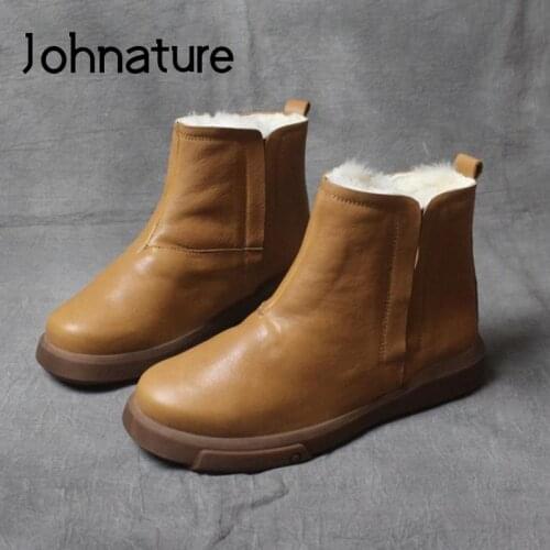 Johnature Winter Shoes Women Boots Warm Genuine Leather 2020 New Handmade Flat With Sewing Concise Retro Leisure Platform Boots