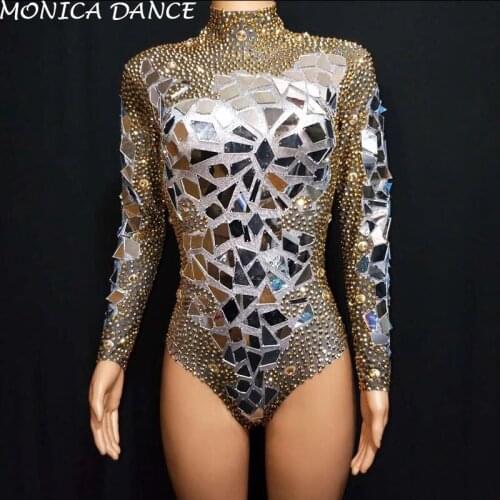Women Sexy Gold Rhinestones Flashing Mirrors Bodysuit Womens Birthday Prom Celebrate Outfit DJ Women Dance Stage Bodysuit