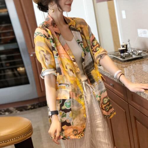 Spring Summer Women Korean Half Sleeve Printed Sun Protection Clothing Fashion Blazer Thin Suit Office Ladies Work Wear X246