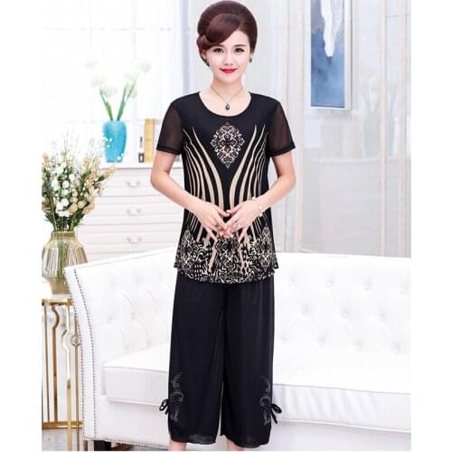 Womens Printing 2 Piece Set 2021 New Fashion Summer Middle-aged Mother Clothing Short Sleeve Tops + Pants Suits Plus Size 5XL