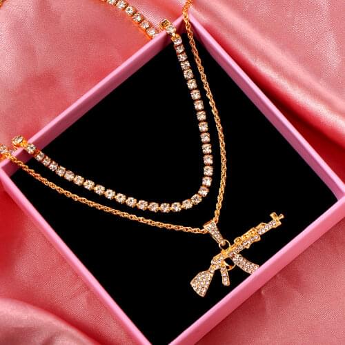 Flatfoosie AK47 Gun Long Chain Pendant Necklace For Women Multilayer Bling Rhinestone Tennis Chain Necklace Fashion Punk Jewelry