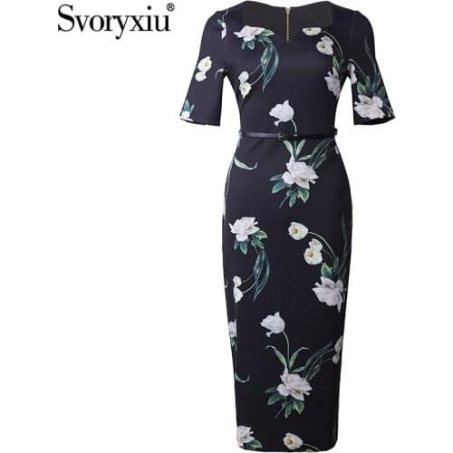 Svoryxiu 2021 Designer Summer Elegant Office Lady Dress Womens Fashion Square Collar Flower Print Black Sheath Dresses XXL
