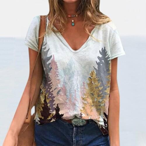 2021 Fashion Summer Clothes Women Short Sleeve Flower Landscape Print Retro Loose Tops Tee T-shirt Топ Женский Женские Футболки