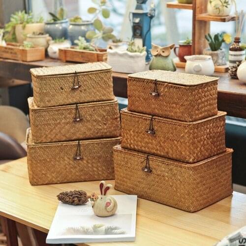3Pcs Hand-Woven Straw Storage Box with Lid Picnic Food Storage Basket Cosmetics Jewelry Organizer Desktop Underwear Container