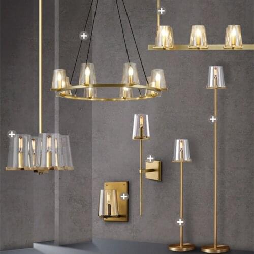 American Foyer RH Brush Gold Metal Led E14 Chandelier Adjustable Cable Hanging Chandelier Lighting Glass Shades Lamp Fixtures
