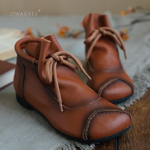 2020 Handmade Soft Leather Ankle Boots Retro Round Toe Short Boots Women Mori Girl Boots