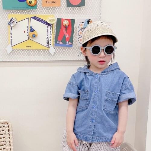 Childrens Clothing Summer 2021 New Girls' Summer Korean Style Denim Hooded Short Sleeve Summer Shirt