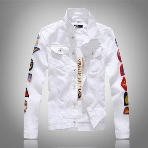 New Brand Spring Autumn Fashion Mens patches design slim fit denim jacket White army green patchwork coat Outerwear for man Big