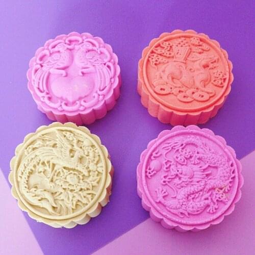 200g round Chinese Dragon Phoenix design Mooncake mung bean cake Molds mould with 4 Stamps plastic hand pressure , 50sets/lot