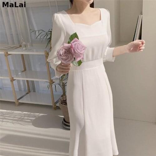 Korean Dresses Elegant Office Lady Work One Piece Fashion Clothing Bow Tie Lace-Up White Temperament Retro Chic Vintage Dress