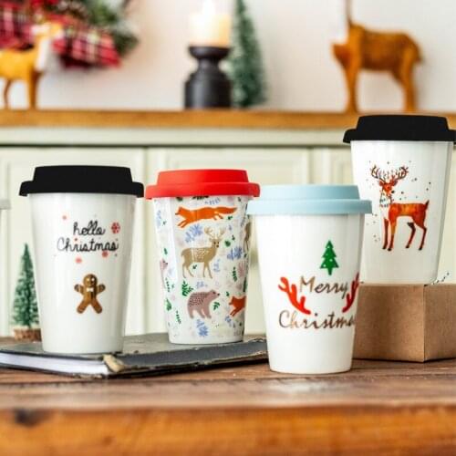 Creative Christmas Ceramic Cup Handy Coffee Cup Without Handle PadOffice Mug With Silicone Cover Spoon Travel Water Mugs Fashion