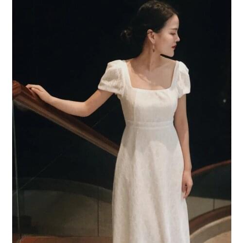 Fairy White Hubble-bubble Sleeve Lace Long Section Charge Square Lead Dress 0709