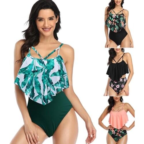 Hot kf-Womens High Waist Bikini Multicolor Ruffle Cover Belly Split Swimsuit