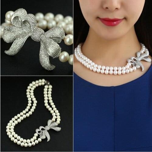 Fashion Bowknot Necklace Double Strand Natural Pearl Choker Women Luxury Pearl Choker Jewelry Party/Engagement Pearl Necklace