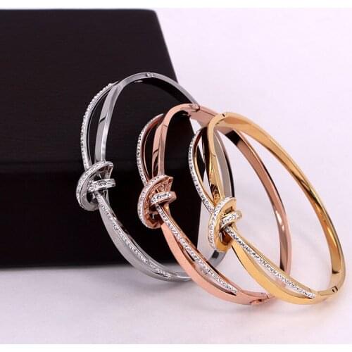 Fashion Stainless Steel Full Crystal Bowknot X Cross Bangle Bracelet Rose Gold Color Female Woman Party Gift