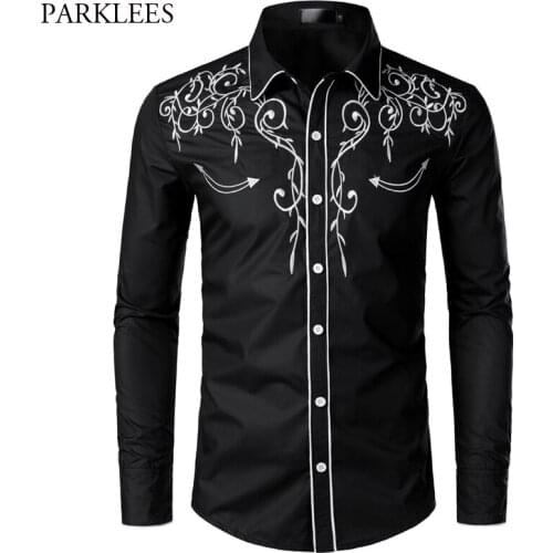 Mens Black Casual Button Down Dress Shirts 2019 New Fashion Floral Embroidery Shirt Men Party Wedding Tuxedo Shirt Male Chemise