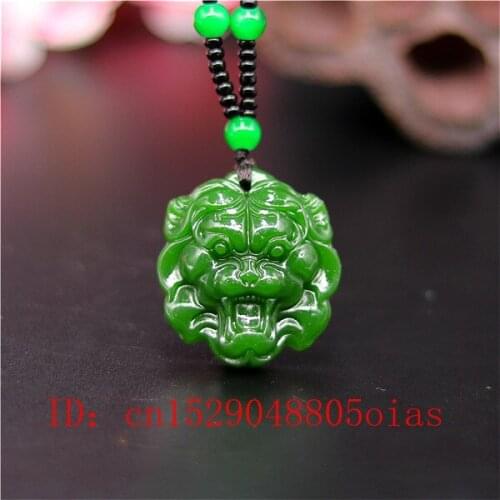 Natural Green Chinese Jade Lion Head Pendant Beads Necklace Fashion Charm Jadeite Jewelry Carved Amulet Gifts for Women Men