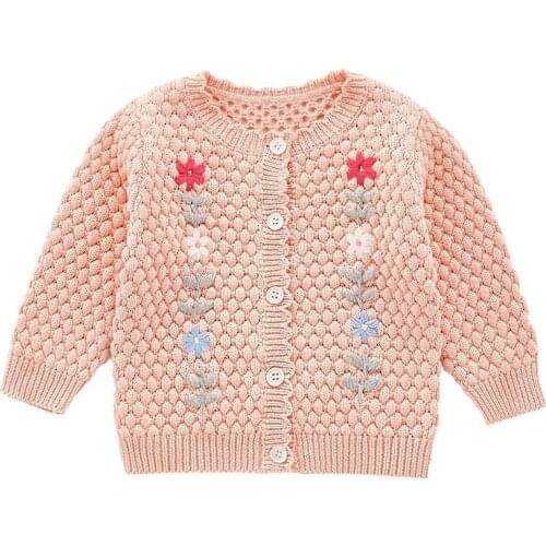 DFXD Baby Girls Sweaters 2020 Autumn Fashion Flower Embroidery Knitted Cardigan 100% Cotton Kids Single Breasted Knitwear Coat