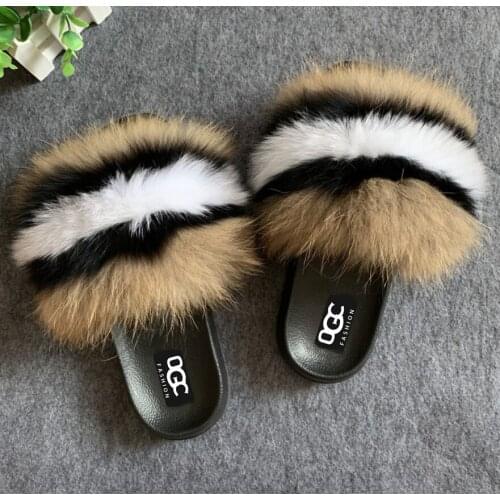Unisex Fox Hair Slippers 2020 Summer Furry Rainbow Multicolor Slippers Fashion 100% Real Fox Fur Luxury Slides Large Size 36 45