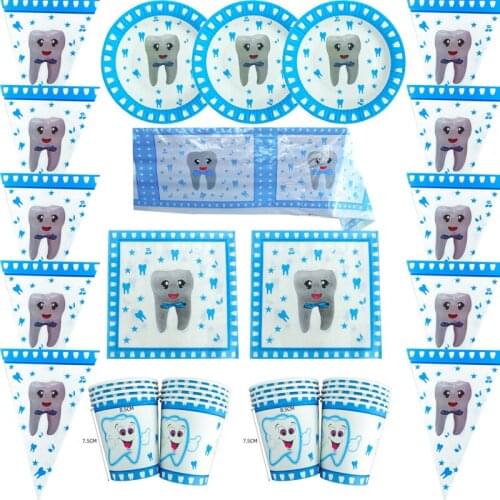 Happy Birthday Party Blue Teeth Theme Plates Boys Favors Cups Napkins Tablecloth Baby Shower Decorate Towel Banner 51Pcs/lot