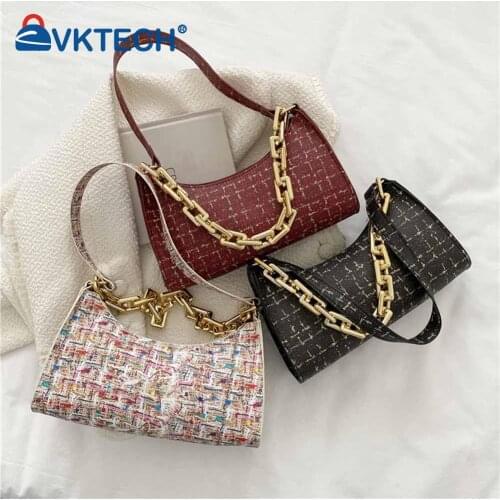 Retro Women Plaid Printing PU Leather Shoulder Underarm Bag Casual Ladies Thick Chain Small Purse Handbags