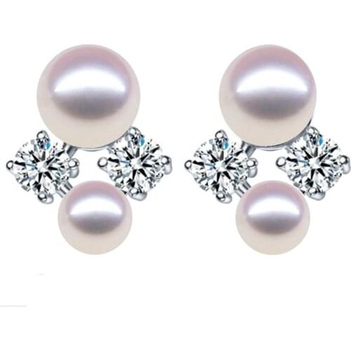 Genuine 925 Sterling Silver jewelry top Double pearl natural pearl stud earrings Fashion earrings for women Free shipping