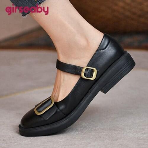 Girseaby 2021 New Mary Janes Flat Round Toe PU Leather 3cm Square Heel Buckle Black White 32-43 Lady Shoes Loafers Flats S2429