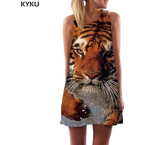 KYKU Tiger Dress Women Animal Tank Water Sundress Harajuku Short Gothic Office Womens Clothing Summer Ladies Cool Femme