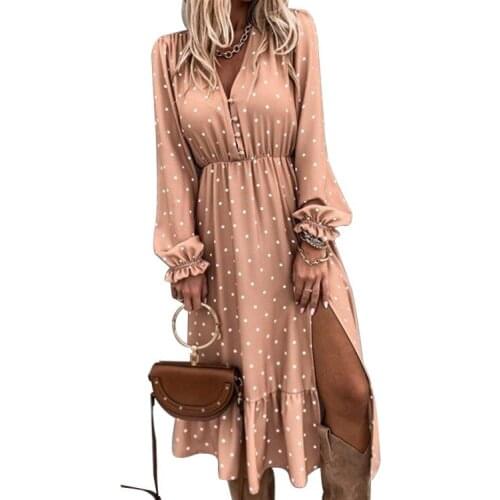Chic Polka Dot Botton A-line Dress Women Bell Sleeve High Waist Maxi Dress Elegant Office Lady Dresses Spring Summer2021
