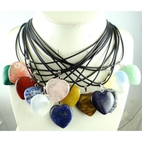 25mm Natural Stone Crystal Quartz Opal lapis Turquoises heart Pendant Leather Chains Necklace Women Fashion Jewelry 1PC