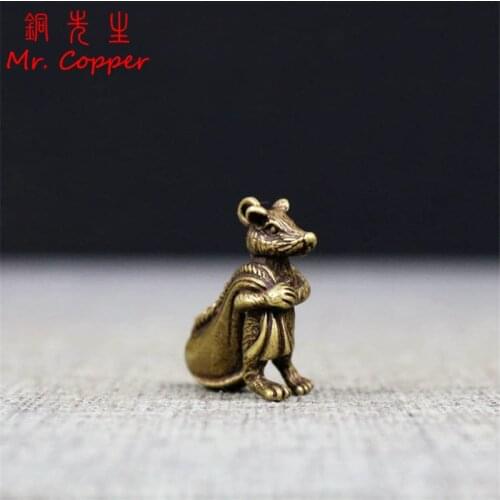 Antique Solid Bronze Lucky Rat Statue Keychain Pendants Copper Zodiac Mouse Money Bag Figurines Ornaments Desk Feng Shui Decor