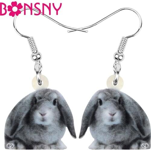 Bonsny Acrylic Gray Easter Hare Rabbit Bunny Earrings Pet Animal Dangle Drop Jewelry For Women Kid Girl Festival Gift Decoration