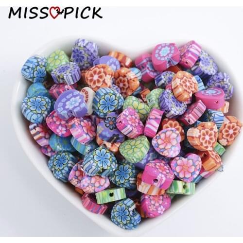 30/50/100pcs 10mm Heart Shape Flower Patten Beads Polymer Clay Beads Spacer Beads for Jewelry Making DIY Bracelet Handmade