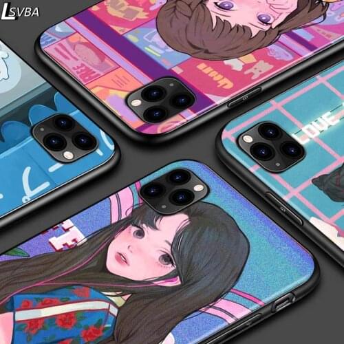 Kawaii Japanese Anime Girl For iPhone 12 Pro Max Mini 11 Pro XS Max X XR 6S 6 7 8 Plus 5S Bright Black Phone Case