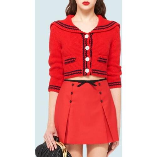 Designer Cardigan Crop Top Women 2021 Spring New Red Cardigan Preppy Style Short Knit Jacket Navy Collar Sweater Coat