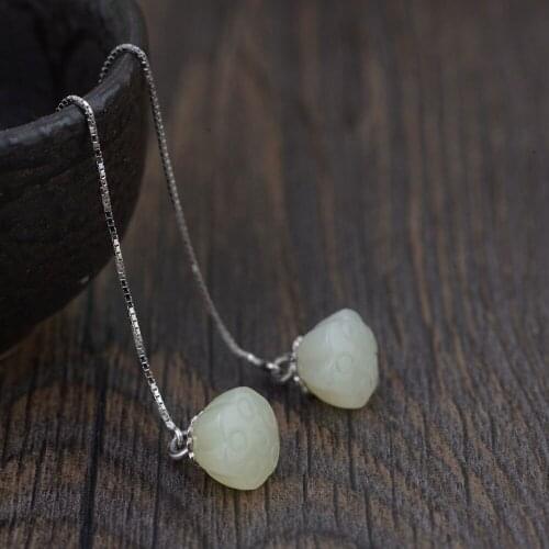 FNJ Long Tassel Earrings 925 Silver 100% Pure Original S925 Silver Sterling Drop Earring for Women Jewelry Natural Jade Lotus
