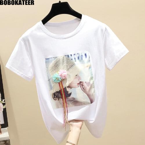 White T shirt Women Tops Summer Vintage Korean Clothes Woman Tshirt Short Sleeve Casual Black Tee Shirt Appliques Fashion 2021