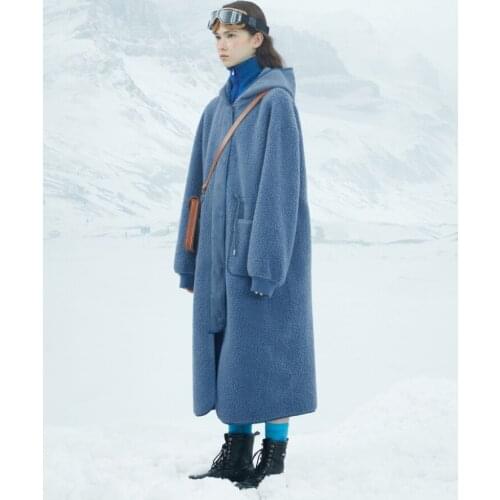 IRINACH318 Fall Winter 2020 Collection Original Design Dusty Blue Casual Loose Hooded Lambswool Coat Women