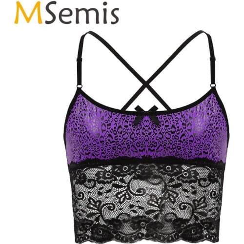 MSemis Men Erotic Sissy Vest Bra Sexy Animal Leopard Print Bralette Lace Lingerie Camisole Vest Crop Tops Nightwear Sleepwear