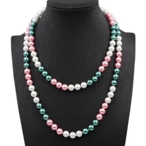 New Charms Long Chain Necklace for Women Mixed-color Simulated Pearl Choker 8mm Glass Pearls Chain Necklaces Jewelry 36inch A666