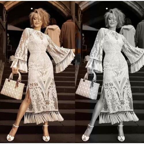 Midi dress Women White Embroidered Mesh Lace Dresses Female Tassel Split Dress Floral Hollow Out Elegant Prom Dresses